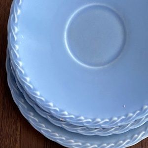 Vernon Kiln saucer pink yellow blue green set of 4 saucers, one of each color.